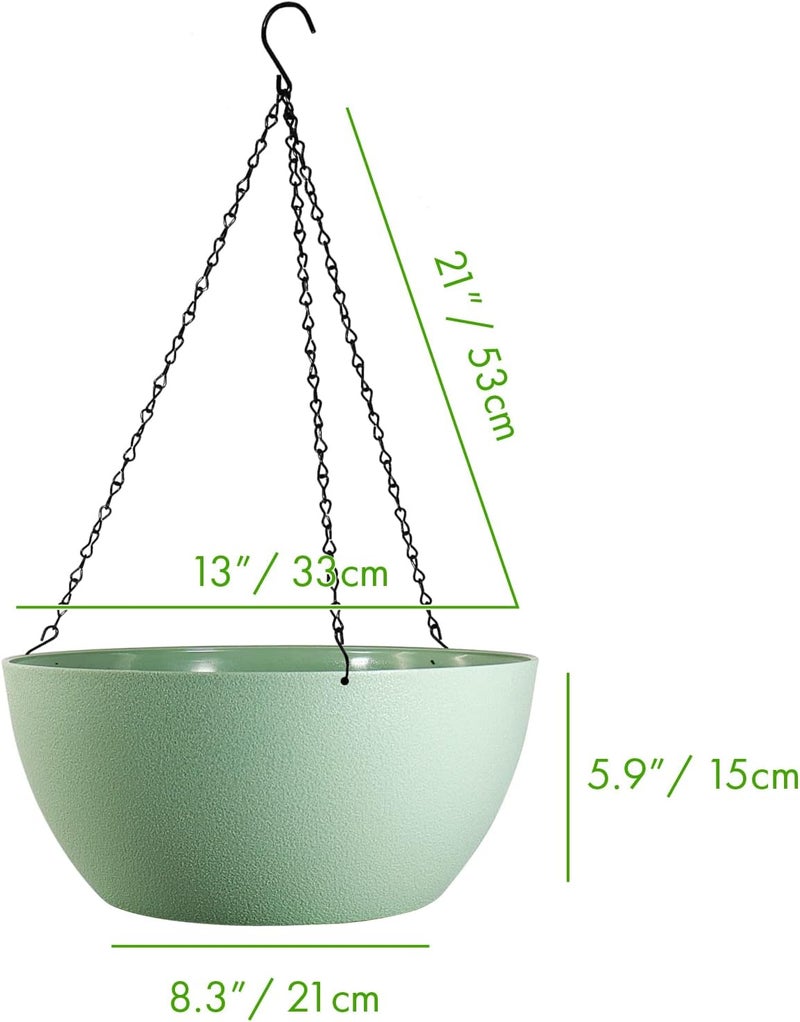 WOUSIWER 13 inch 2 Pack Large Hanging Planters for Indoor Outdoor Plants with Drainage Holes and Chain, Round Hanging Flower Pots for Garden Home Porch Decor, Green - Image 2